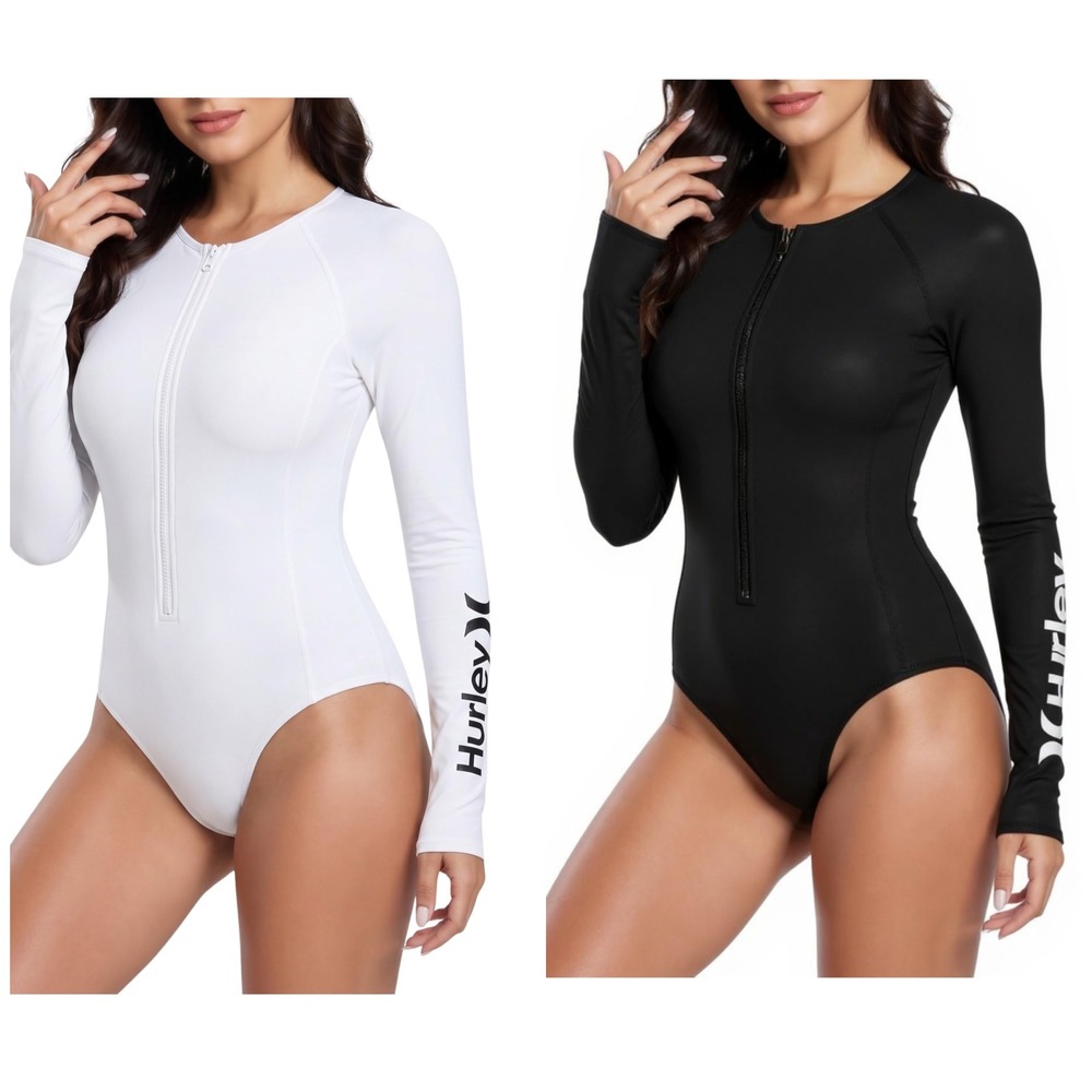 NWT Hurley Long Sleeve One Piece Swimsuit UPF 50+ Medium Black & White Zip Surf